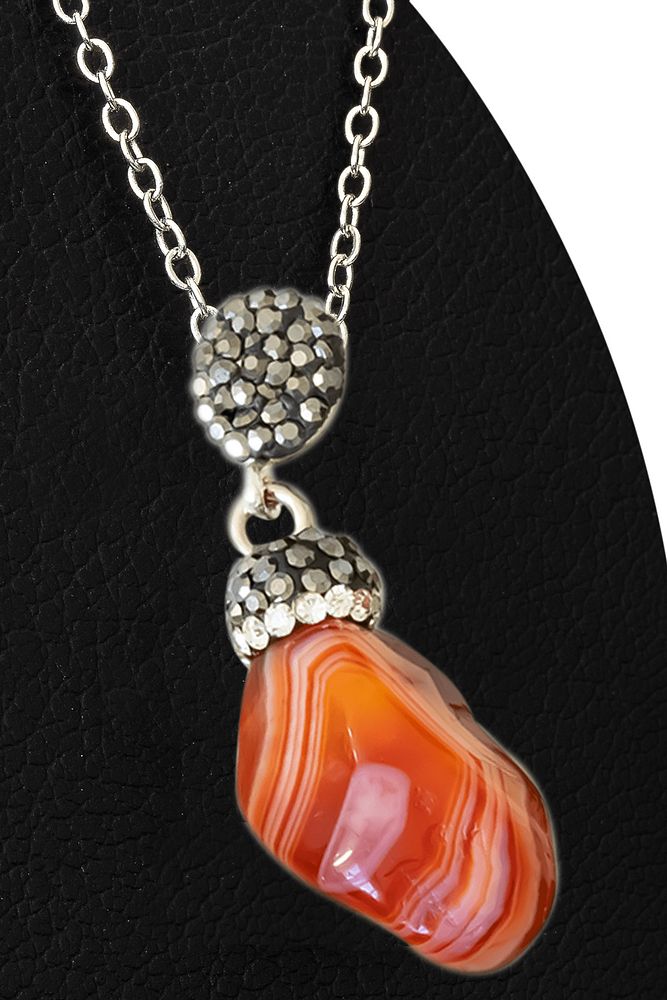 Sertifikalı Zirkon Taşlı Karneol - Karnelyan Kırmızı Akik Taşı Kolye