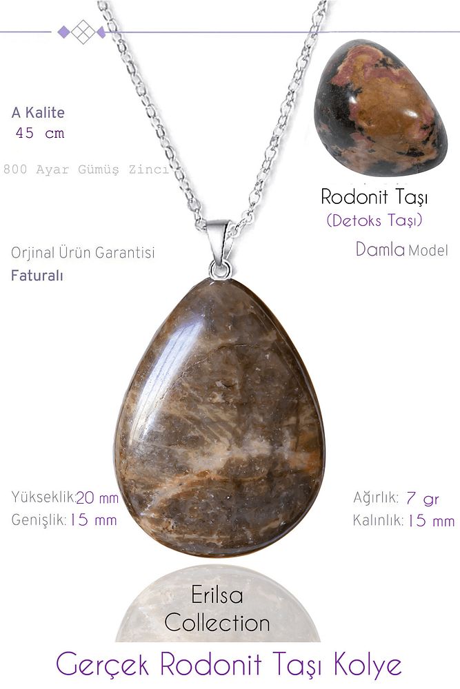 Sertifikalı Damla Model Rodonit Taşı Kolye