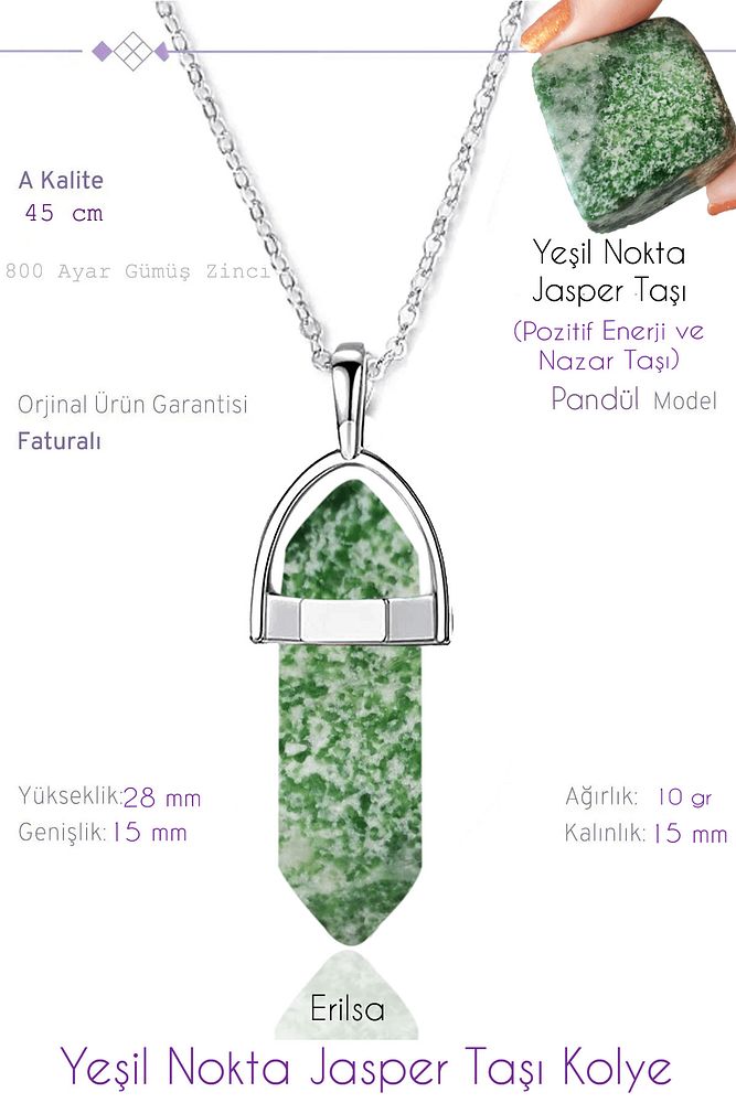 Sertifikalı Çivi Model Yeşil Nokta Jasper Taşı Kolye