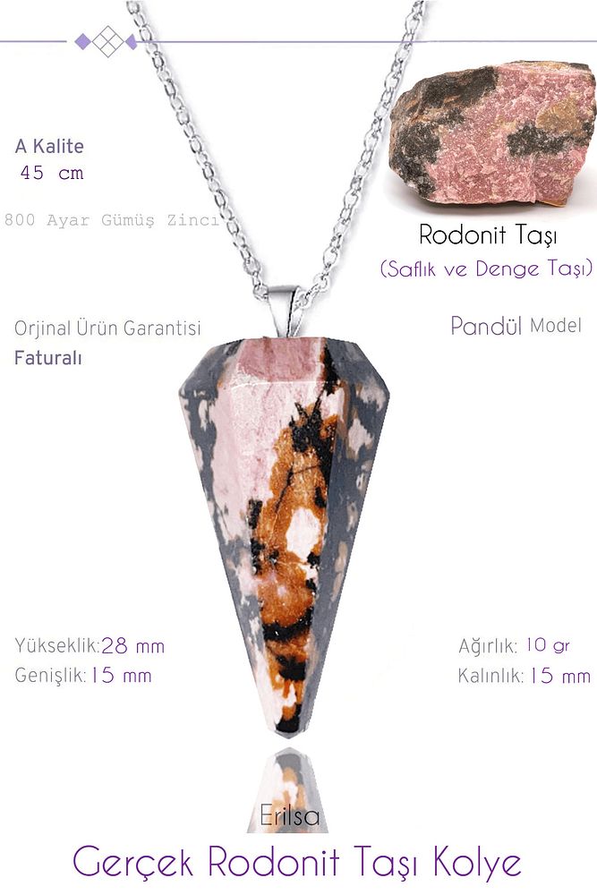 Sertifikalı Pandül Model Rodonit Taşı Kolye