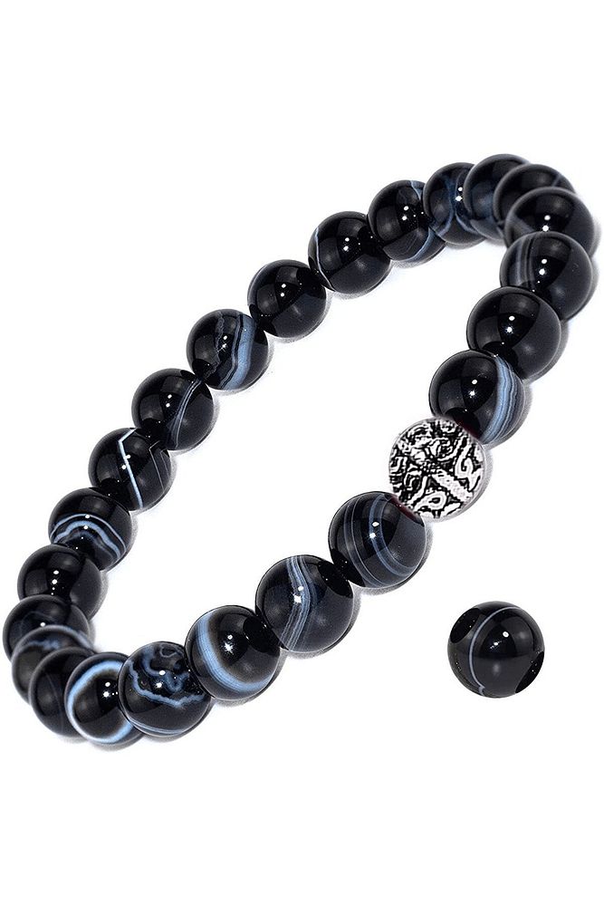 Sertifikalı Aaa Kalite Doğal Siyah Göz Akik Taşı Bileklik - Gümüş Aparatlı