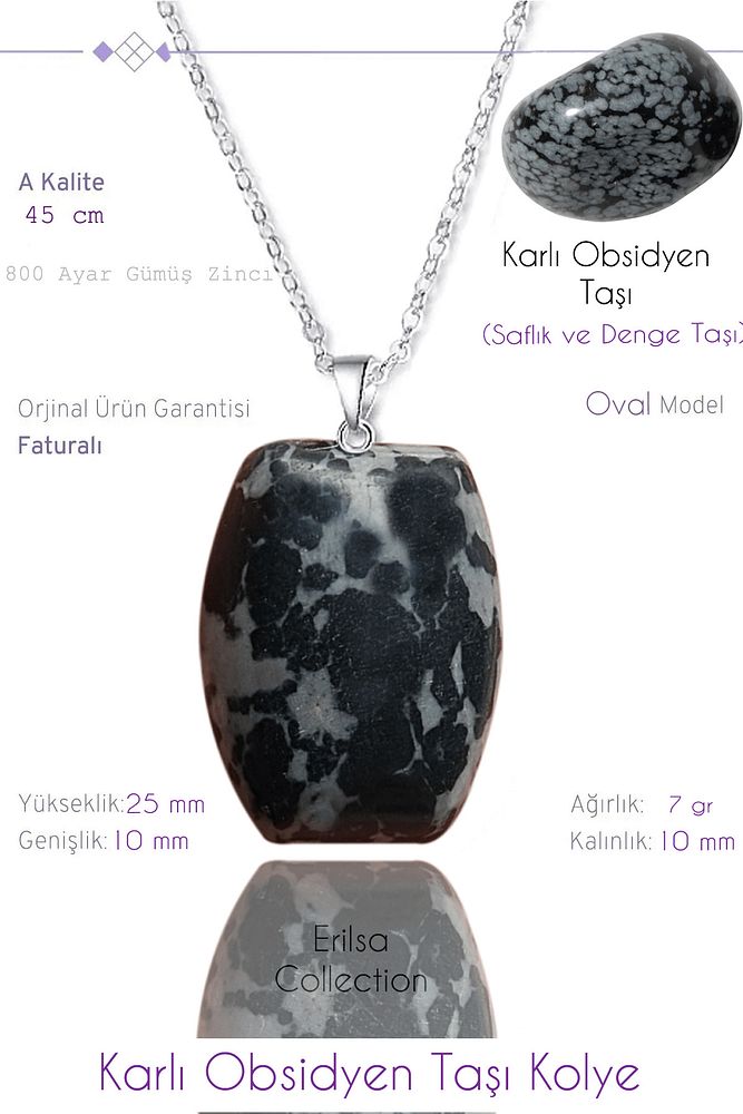 Sertifikalı Oval Model Karlı Obsidyen Taşı Kolye