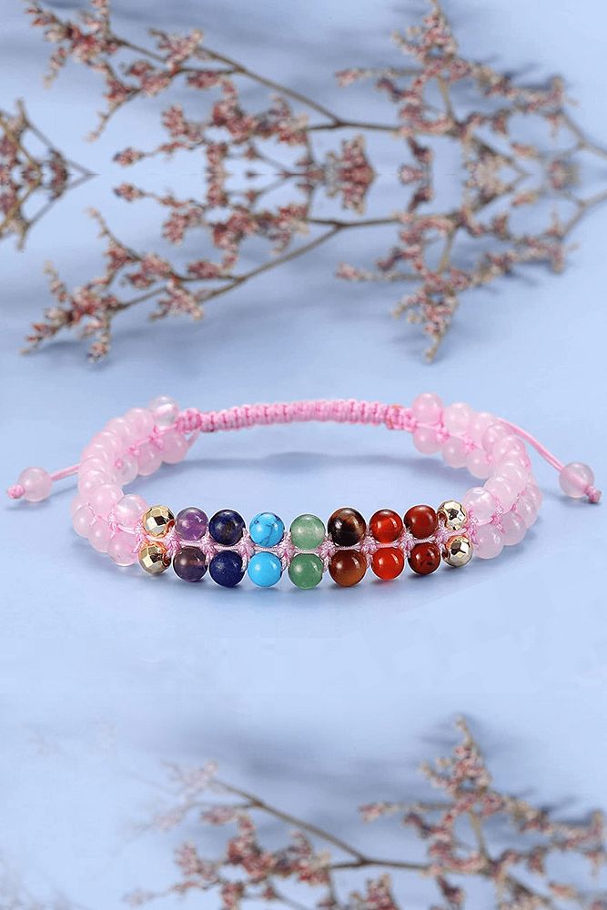 Pembe Kuvars 7 Çakra Doğal Taş Bileklik - Ametist Lapis Firuze Aventurin Kaplan Gözü Akik Jasper