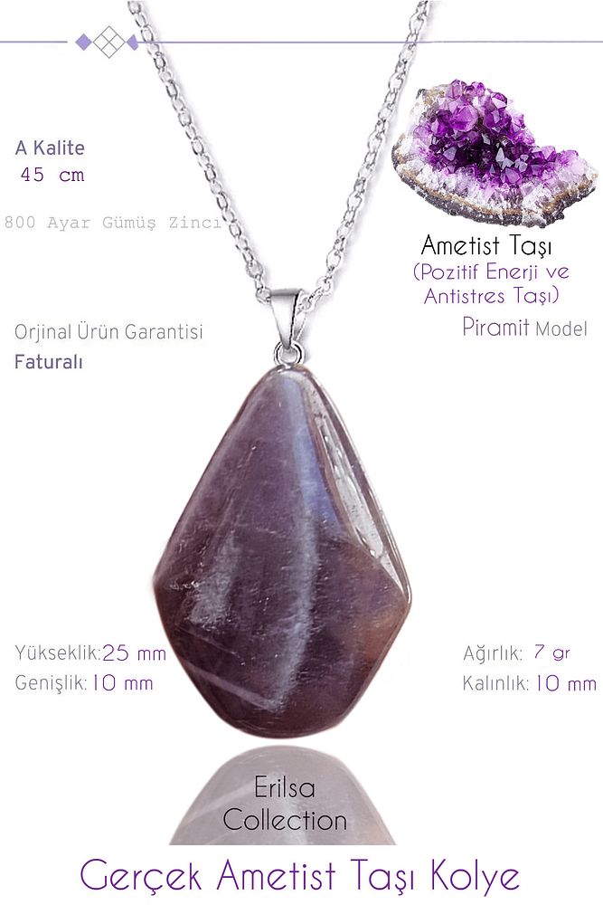 Sertifikalı Gerçek Piramit Model Ametist Taşı Kolye