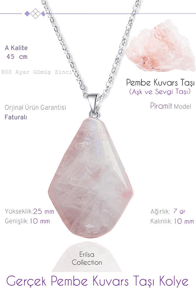 Sertifikalı Piramit Model Gerçek Pembe Kuvars Taşı Kolye