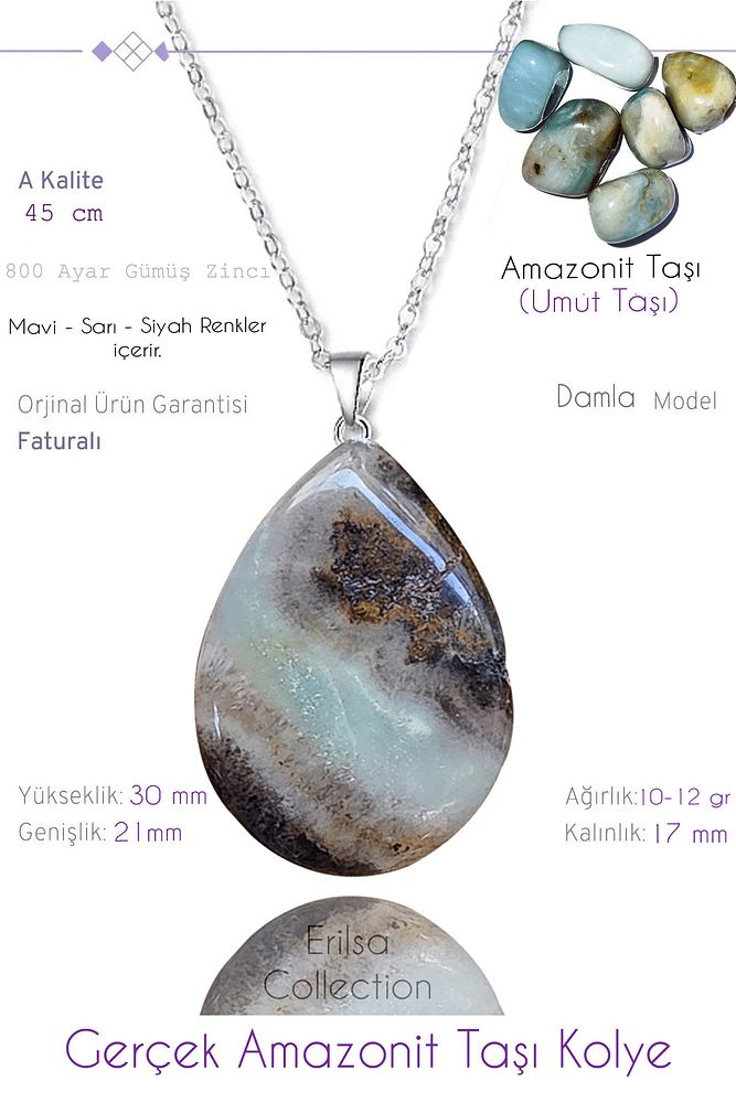 Sertifikalı Damla Model Gerçek Amazonit Taşı Kolye