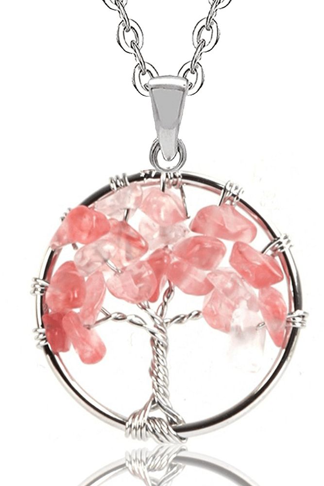 Sertifikalı Rose Gül Kuvars Taşı Hayat Ağacı Kolye