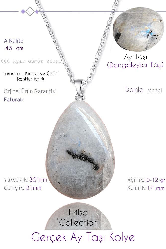 Sertifikalı Damla Model Gerçek Ay Taşı Kolye