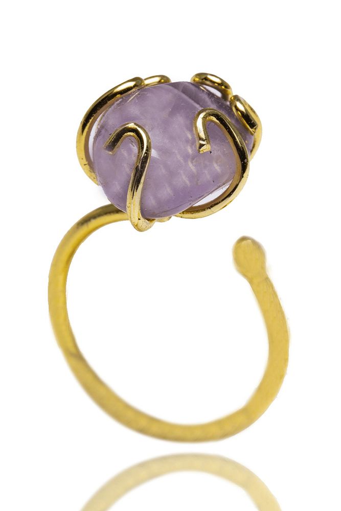 Sertifikalı Gerçek Ayarlanabilir Ham Doğal Ametist Doğal Taş Yüzük (24k Altın Kaplama)