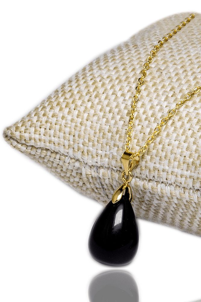 Sertifikalı Doğal Obsidyen Taşı Kolye 24k Altın Kaplama
