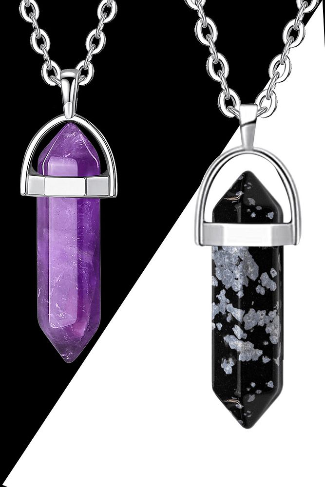 Sertifikalı Çivi Model Ametist-karlı Obsidyen Doğal Taş Çift Sevgili Kolyeleri