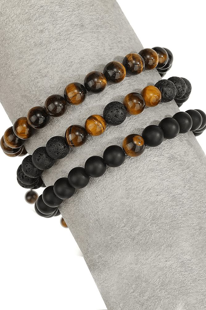 Sertifikalı Doğal Kaplan Gözü Lav Oniks Taşı Bileklik Seti