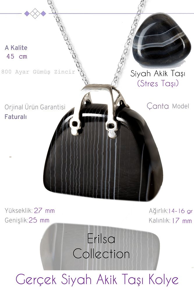 Sertifikalı Çanta Model Siyah Akik Taşı Kolye
