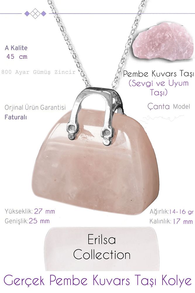 Sertifikalı Çanta Model Pembe Kuvars Taşı Kolye