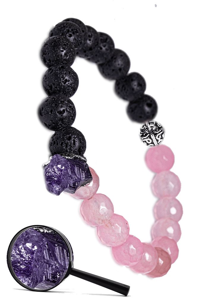 Sertifikalı Gümüş Aparatlı Doğal Pembe Kuvars Lav Taşı Bileklik - Ametist Sallantılı