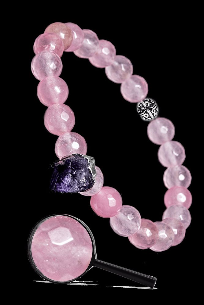 Sertifikalı Gümüş Aparatlı Doğal Pembe Kuvars Taşı Bileklik - Ametist Sallantılı
