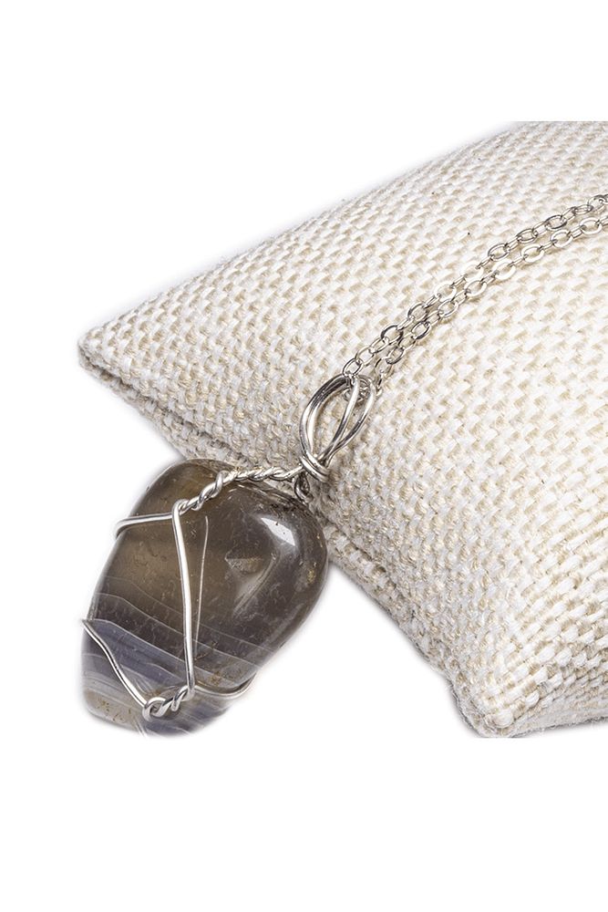 Sertifikalı Doğal Gri Kahve Akik Taşı Kolye - Tel Sargılı