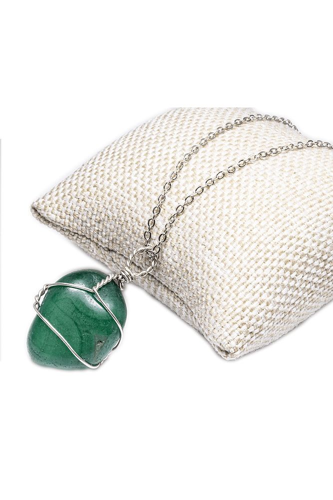 Sertifikalı Doğal Yeşil Akik Taşı Kolye - Tel Sarmallı