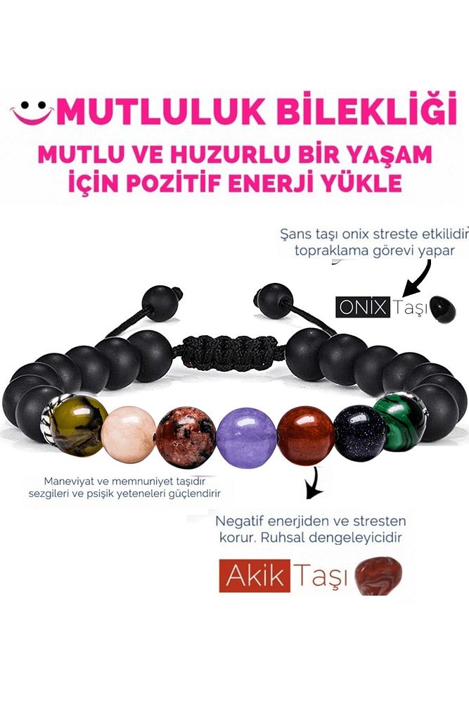 Sertifikalı Mutluluk Iç Huzur Bilekliği Akik Kalsit Mercan Kuvars Mavi Yıldız Malahit Oniks Doğal Taş Bileklik