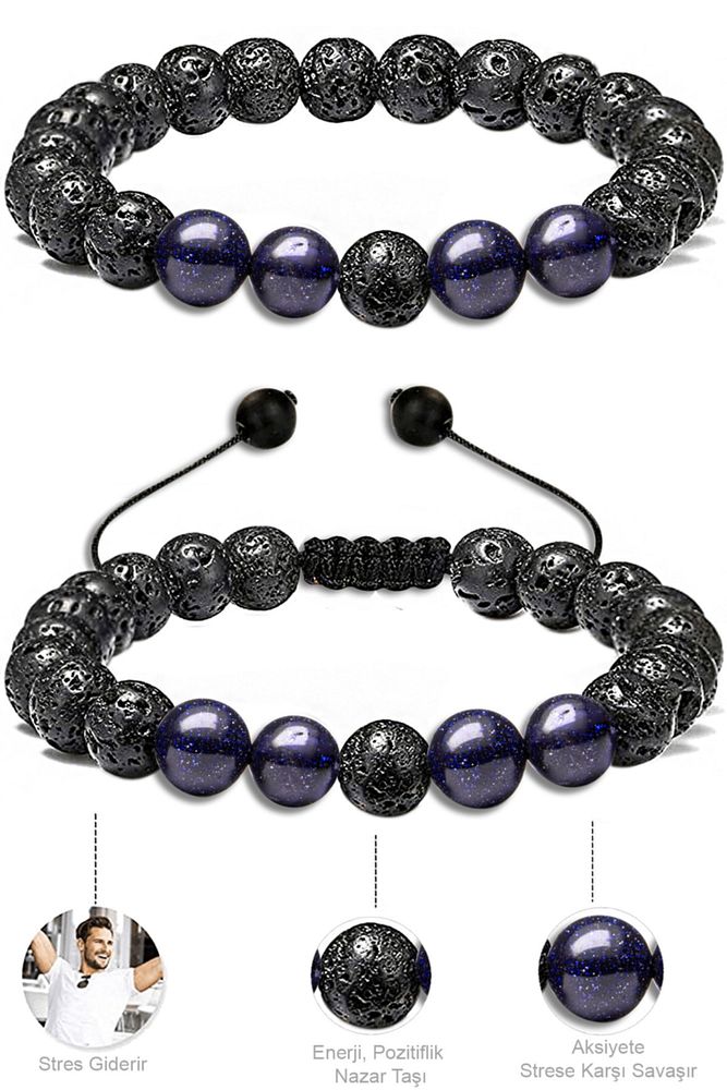 Sertifikalı Doğal Volkanik Lav Mavi Yıldız Taşı Bileklik Seti