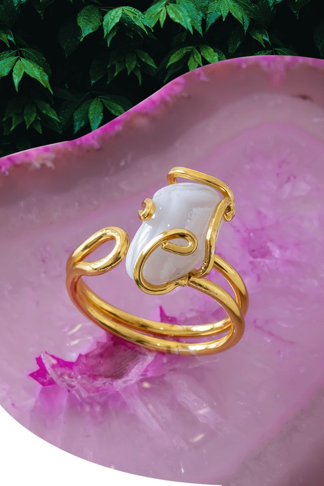 Sertifikalı Gold Rokoko Model Beyaz Akik Taşı Yüzük - Ayarlamalı