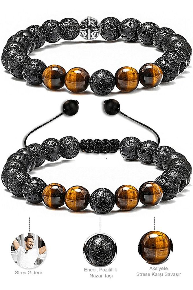 Sertifikalı Kaplan Gözü Lav Taşı Doğal Taş Bileklik Seti