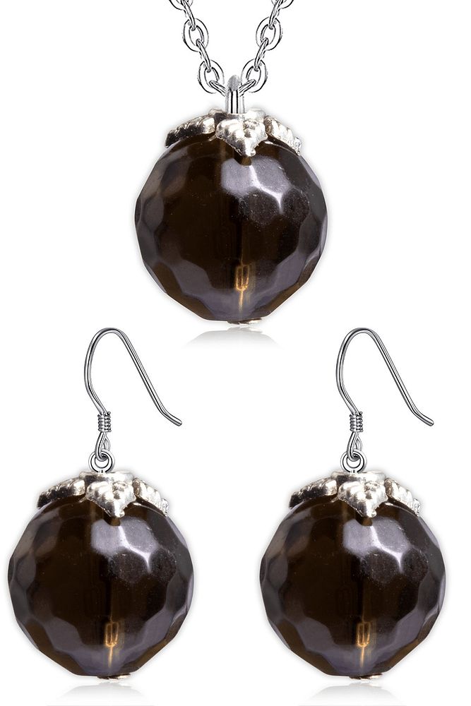 Sertifikalı Doğal Dumanlı Kuvars Taşı Doğal Taş Kolye Küpe Seti