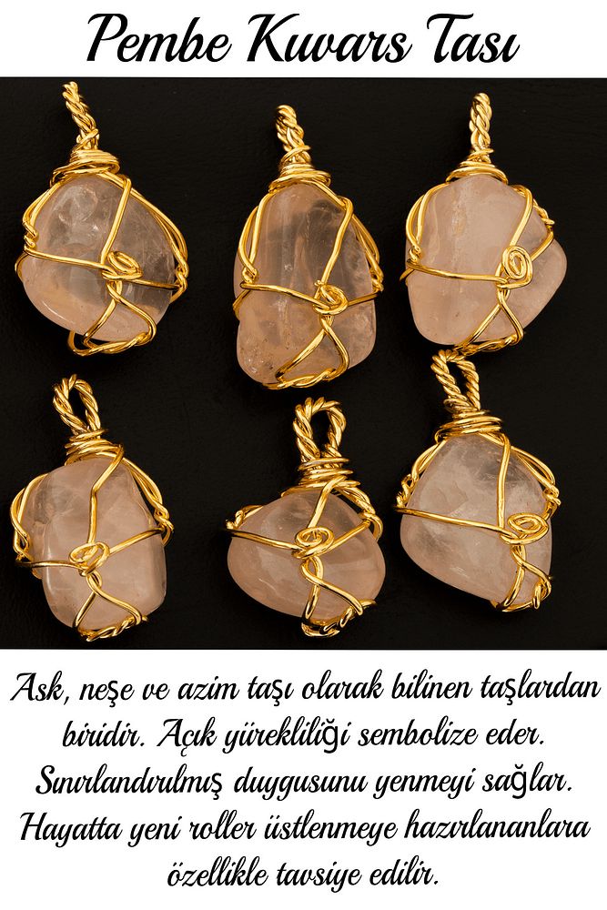 Sertifikalı Gold Renkli Doğal Tel Sargılı Pembe Kuvars Taşı Kolye – Sevgi ve Şefkat Taşı