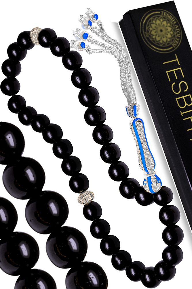 Sertifikalı Beyaz Mavi Telkari Püskül Doğal Oniks Taşı Tesbih