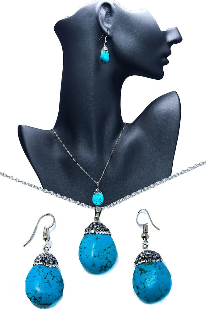 Sertifikalı Doğal Firuze (TURKUAZ) Taşı Kolye Ve Küpe Set