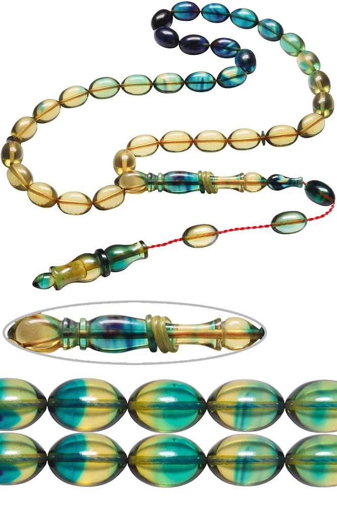 Sistemli Beyzi Kesim Mavi Şeffaf Renk Özel Ateş Kehribar Tesbih