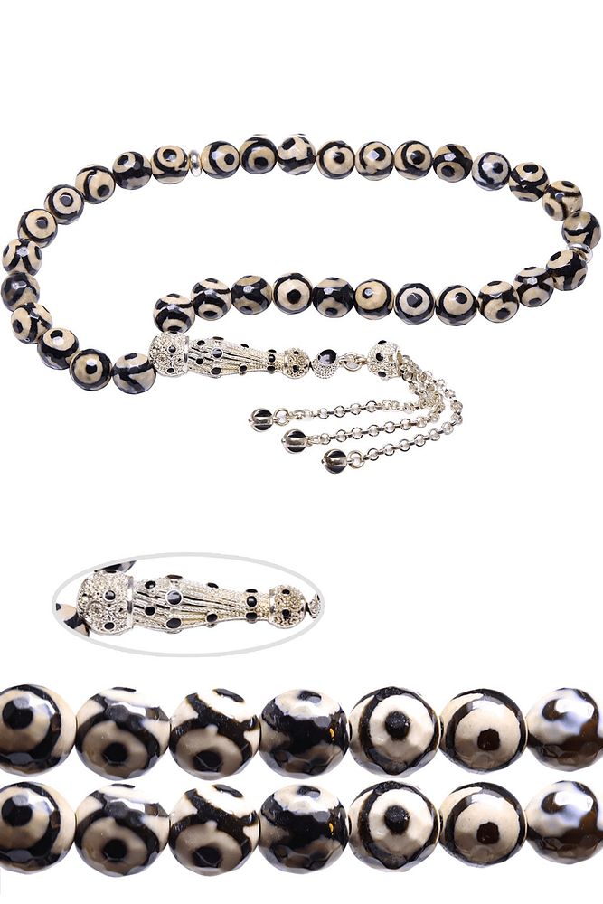 Sertifikalı Siyah Mineli Telkari Püsküllü Benekli Doğal Akik Taşı Tesbih