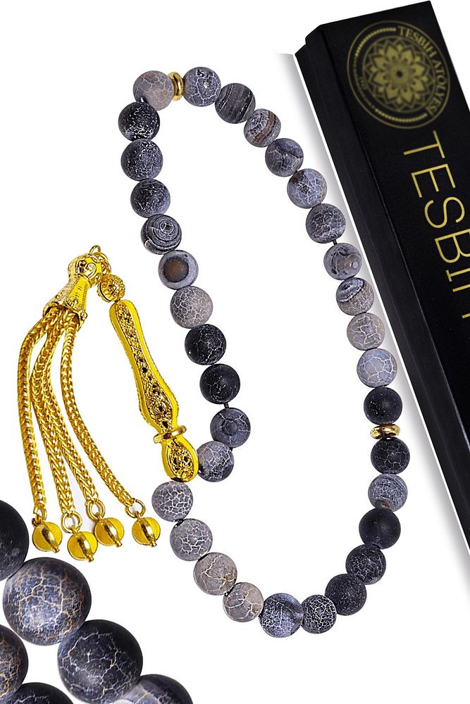 Sertifikalı Sarı Renk Telkari Püskül Doğal Siyah Akik Taşı Tesbih