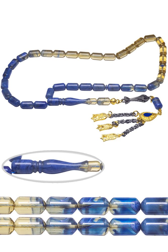 Sertifikalı Altın Kaplama Püskül Mavi Şeffaf Renk Sıkma Kehribar Tesbih