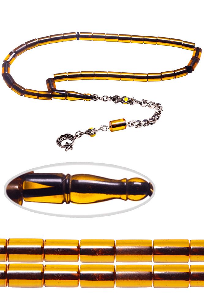 Sarı Mineli Halep Püsküllü Kesme Ateş Kehribar Tesbih