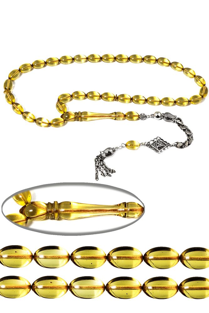 Saçaklı Püsküllü Bal Sarısı Şeffaf Renkli Ateş Kehribar Tesbih