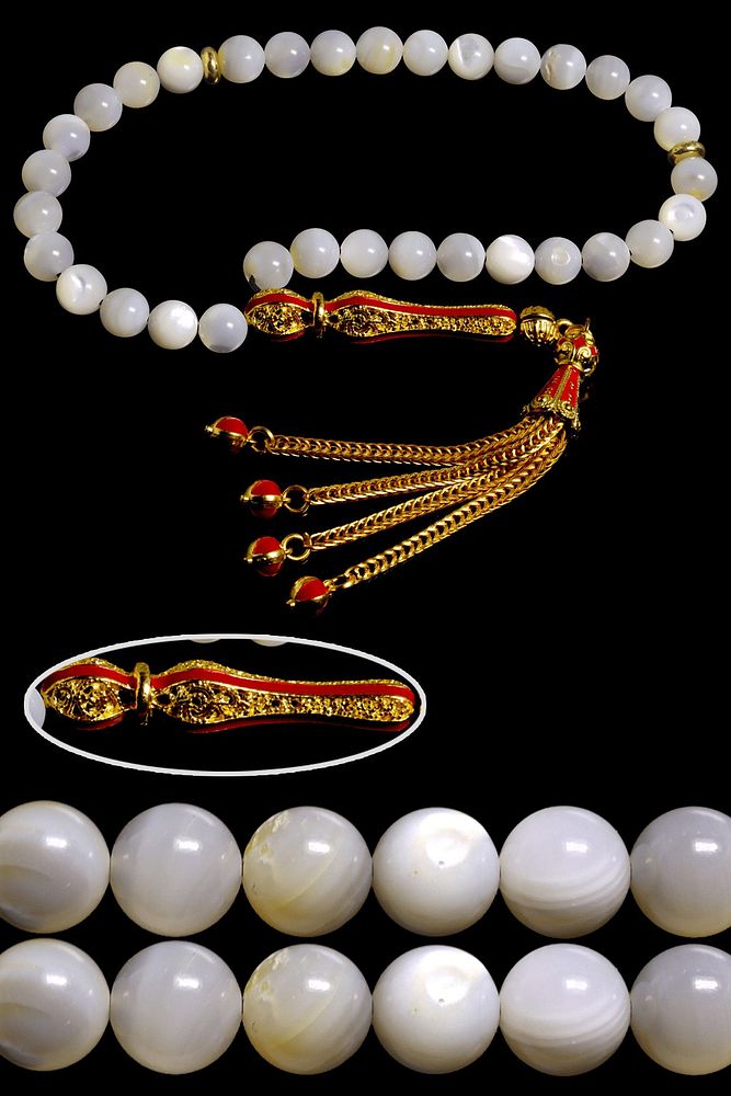 Sarı Kırmızı Mineli Telkari Püsküllü Bilek Boy Sedef Taşı Tesbih