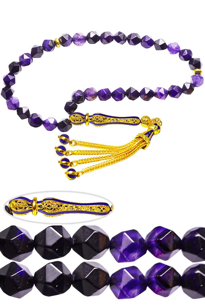 Sertifikalı Telkari Püskül Elmas Kesim Doğal Ametist Taşı Tesbih