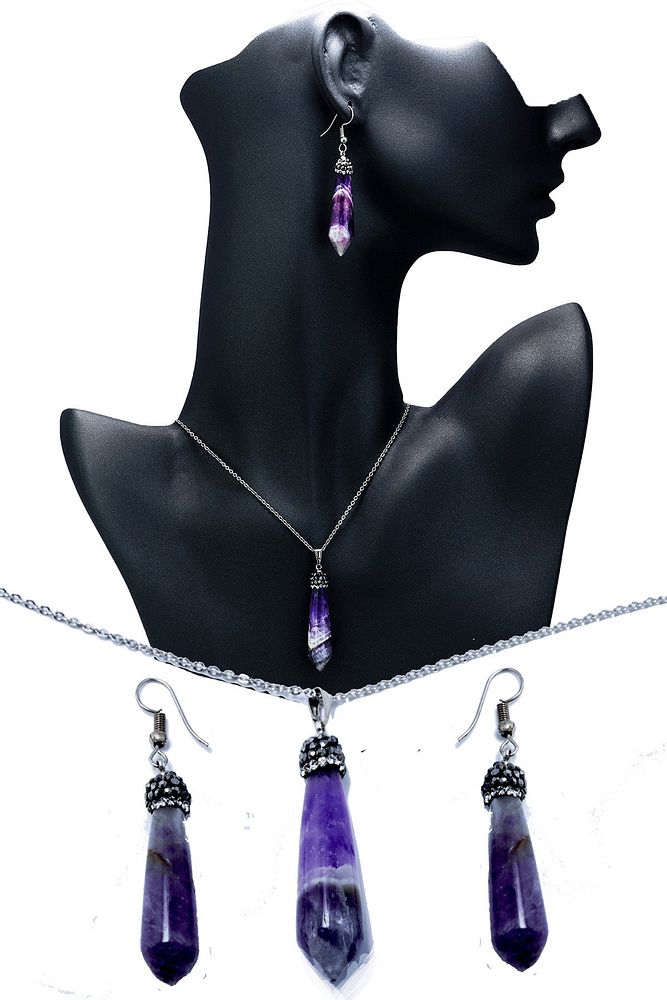 Doğal Ametist Taşı Kolye Ve Küpe Set