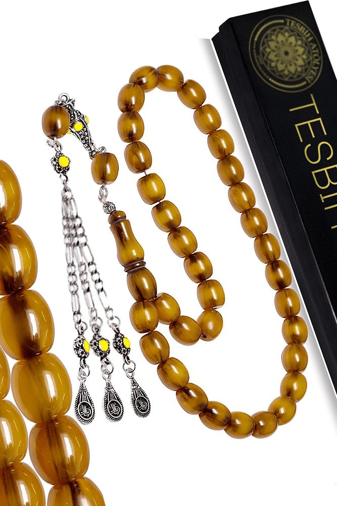 Sertifikalı Halep Püskül Sarı Renkli Fıçı Kesim Çubuk Sıkma Kehribar Tesbih