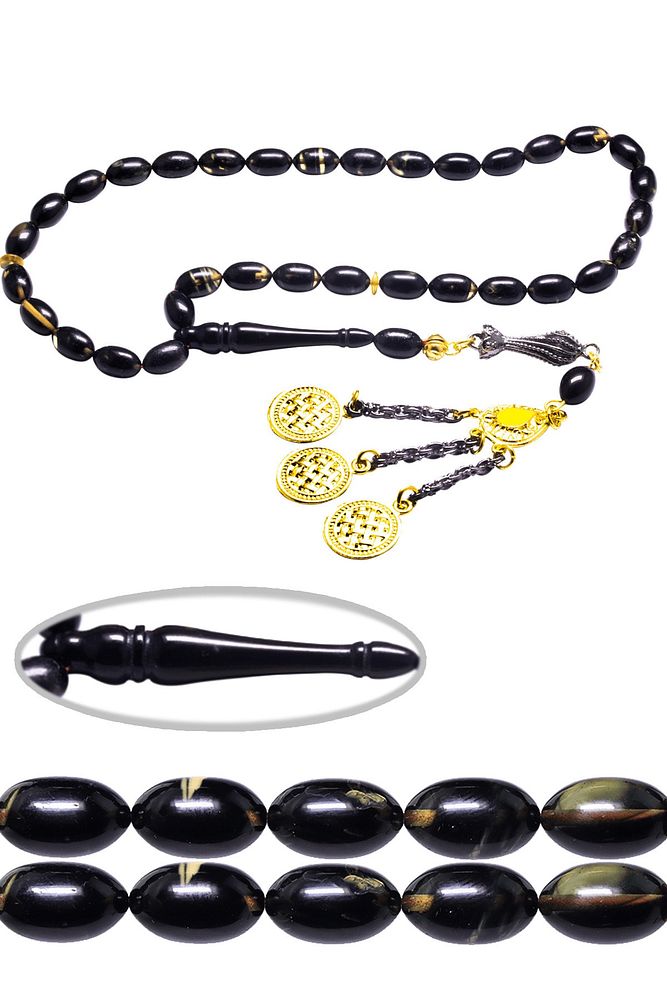 Sertifikalı Siyah Renkli Hareli Sıkma Kehribar Tesbih