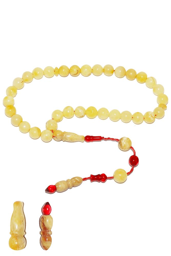 Sistemli Sertifikalı Küre Kesim Süt Beyaz Renk Orjinal Damla Kehribar Tesbih