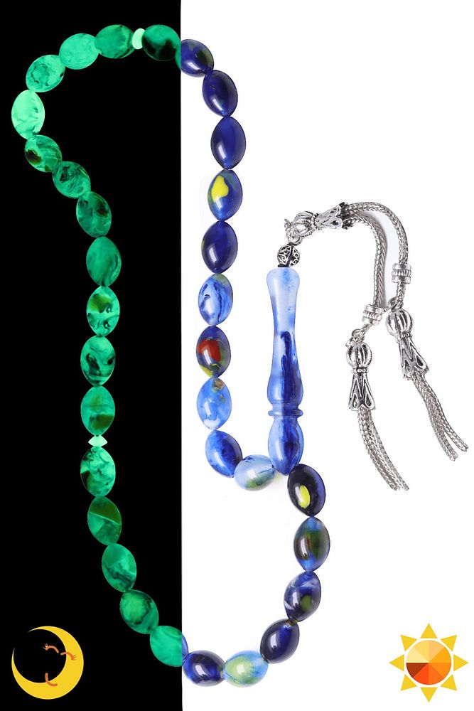 Sertifikalı Kararmaz Püsküllü Beyzi Kesim Mavi Fosforlu Kedigözü Tesbih