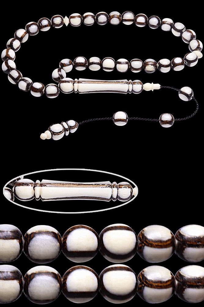 Sistemli Küre Kesim Abanoz Ağacı Işlemeli Deve Kemiği Tesbih