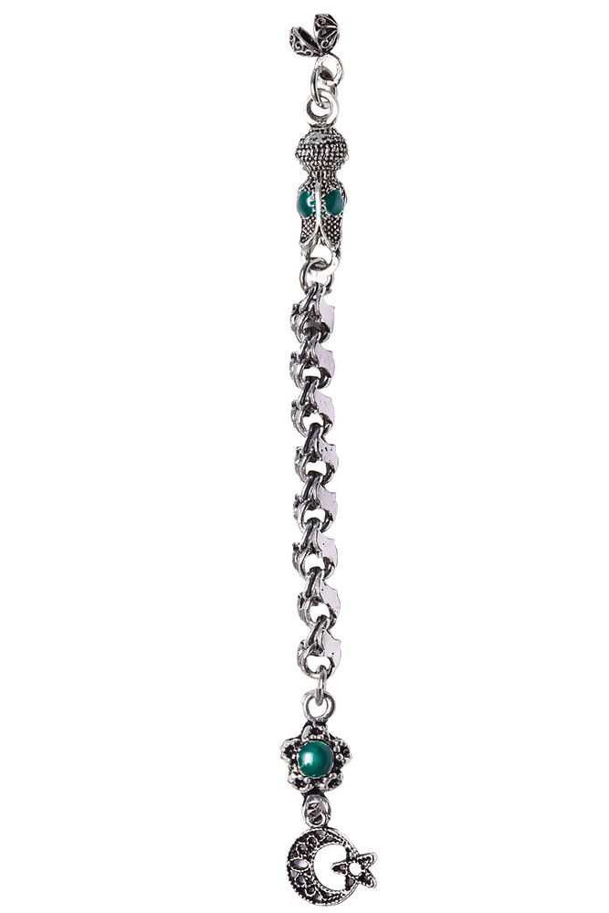 Kararmaz Yeşil Mineli Düşük Ayar Gümüş Pullu Zincir Tesbih Püskülü
