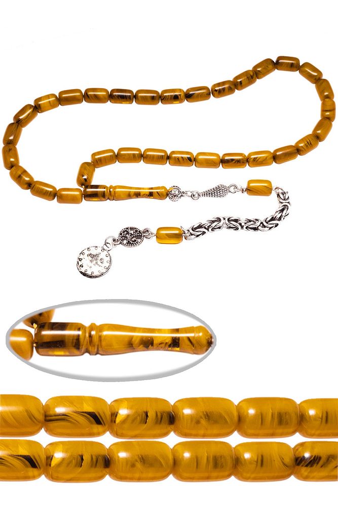 Sertifikalı Sarı Renkli Hareli Çubuk Sıkma Kehribar Tesbih