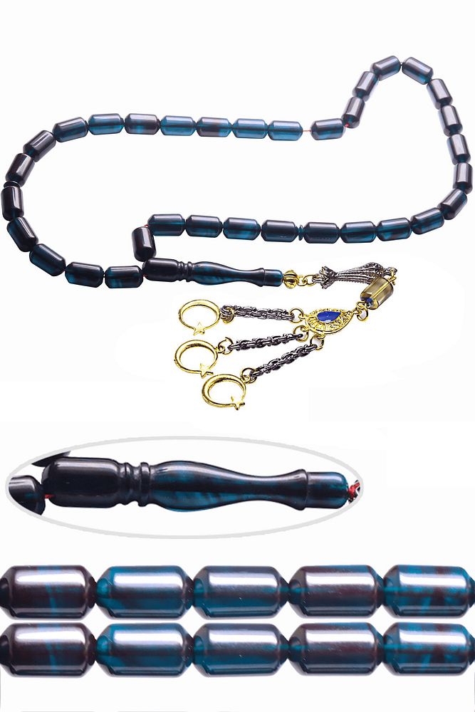 Üçlü Püsküllü Kapsül Kesim Dışı Siyah Içi Mavi Ateş Kehribar Tesbih