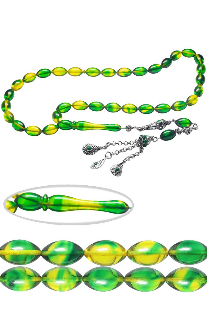 Yeşil Sarı Renkli Halep Püsküllü Ateş Kehribar Tesbih