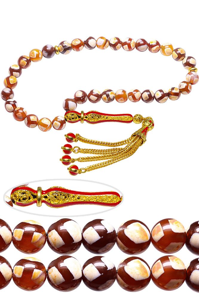 Sertifikalı Telkari Püskül Kırmızı Beyaz Doğal Tibet Akik Taşı Tesbih