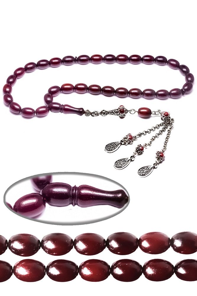 Sertifikalı Bordo Renk Halep Püskül Osmanlı Benzetmesi Sıkma Kehribar Tesbih